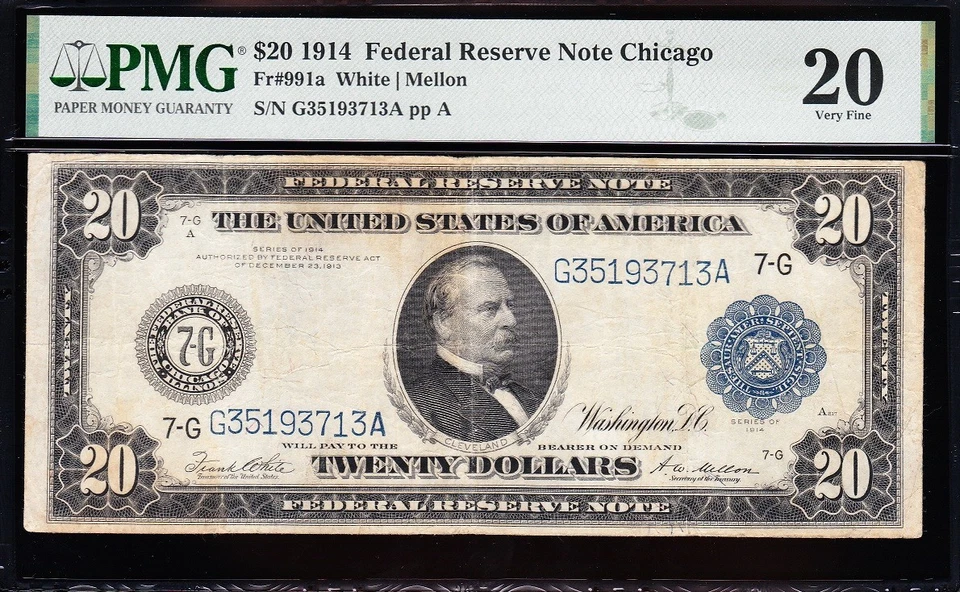 VERY NICE Bold & Crisp VF 1914 $20 CHICAGO Federal Reserve Note! PMG 20! 93713A - Image 2 of 3