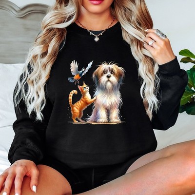 Hund Katze Vogel Tierfreunde Tierliebhaber Tiere Damen Sweatshirt Aquarell