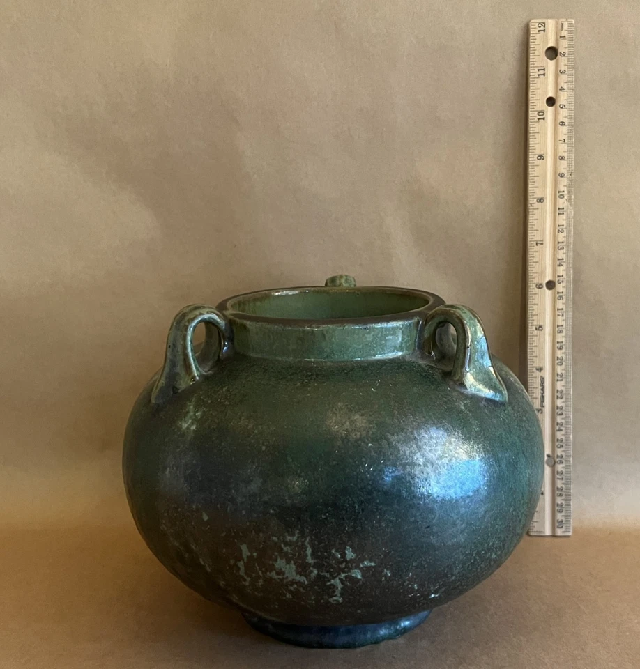 Fulper Art Pottery American Arts & Crafts Mission Matte Green 3 Handled Vase - Image 2 of 4