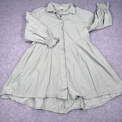 Free People Sage Green Button Down Ruffle Cuff Tunic Dress High Low Hem Size S