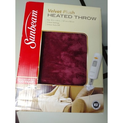 Sunbeam Velvet Plush Heat Throw Garnet Red 50x60 Electric Blanket 3 Heat Setting