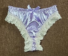PURPLE SATIN SISSY PANTIES RUCHED BACK WHITE LACE TRIM BOW ACCENT XL