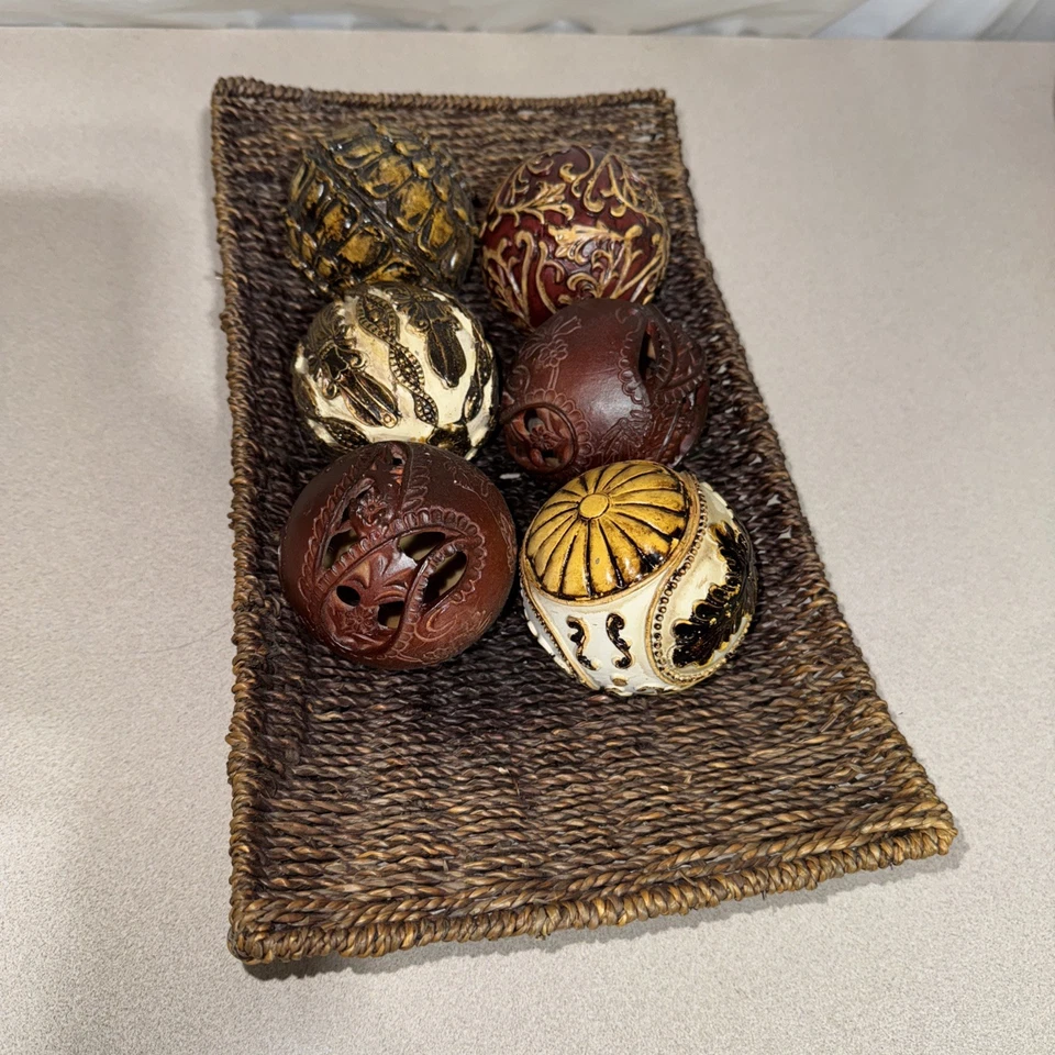 Lote de 6 bolas decorativas de resina ornamentada relleno mesa decoración con cesta de mimbre Foto 2 de 4