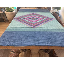 Vintage Quilt Handmade Hand Quilted 80 x 80" Multicolor Patchwork Diamond Blue