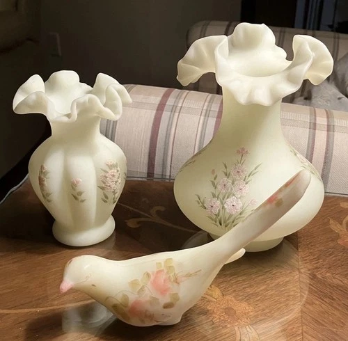Lot Of Three Fenton Uranium Glass Hand painted Custard Glass Vases Bird Figurine