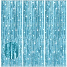3 Pack Light Blue Party Streamers 3.2x8.2 Ft Metallic Fringe Curtain Backdrop