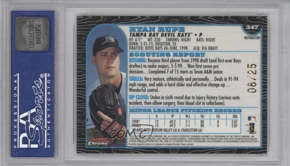 1999 Bowman Chrome Gold Refractor /25 Ryan Rupe #347 PSA 9 MINT Rookie RC - Image 2 of 2