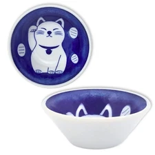 SET of 2 Japanese 3"D Soy Sauce Bowls Blue Maneki Neko Lucky Cat Made in Japan