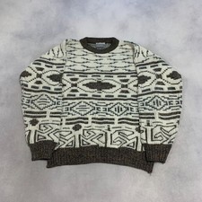 Vintage Abstract Knitted Jumper Patterned Grandad Chunky Knit Sweater Men's L