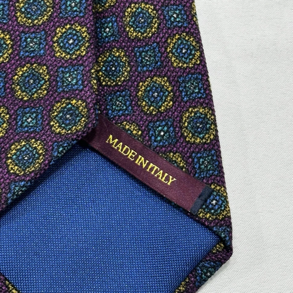 Charles Tyrwhitt Tie 100% Wool Made in Italy Geometric Floral Purple Blue Yellow - Image 4 of 4