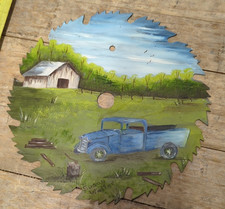 Vintage Round Saw Blade Hand Painted Signed Country Barn Truck Scene 7.5 InRound