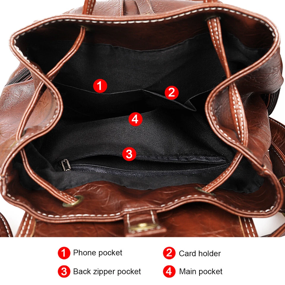 Women Vintage Style Leather Backpack School Travel Shoulder Bag Purse Handbag - Image 4 of 4