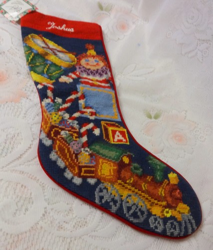 Vtg Needlepoint Santa's Gifts Train Toys Christmas Personalized Stocking JOSHUA - 第 1/7 張圖片