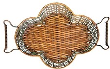 Rustic Serving Rattan Basket Metal Handles Scalloped Farmhouse 9"Wx11"Lx2.75"D
