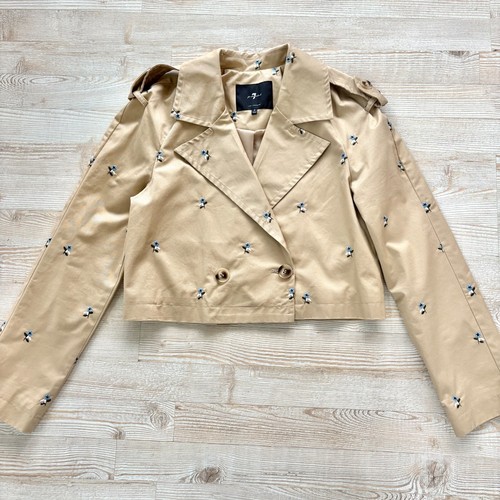 7 For All Mankind Cropped Floral Embroidered Cotton Twill Trench Coat | Khaki S