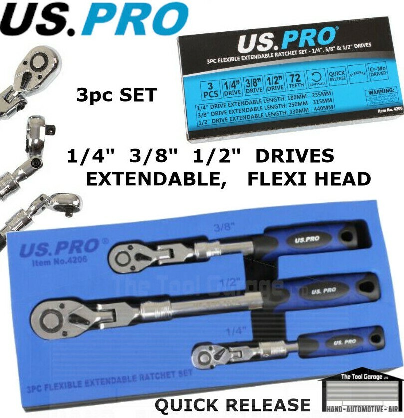 US PRO Tools 3pc Flexible Extendable Ratchet Set 1/4"" 3/8"" 1/2"" dr Ratchets 4206