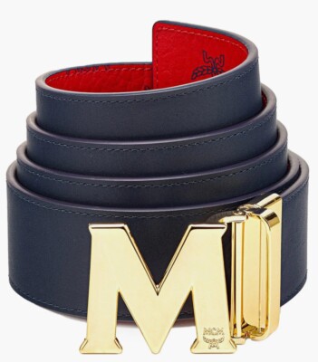 MCM ADJUSTABLE REVERSIBLE GOLD BUCKLE BELT Candy Red/Blue (NWT