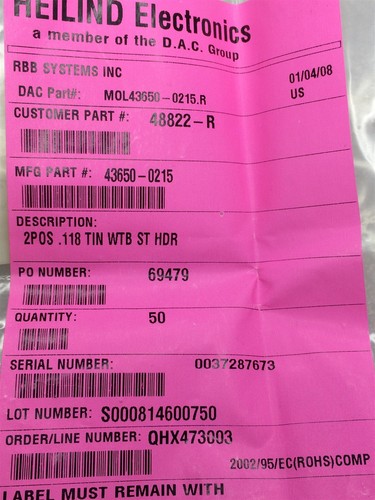 43650-0215 MOLEX CONN 2 POS HEADER ROHS 10 PIECES - Picture 2 of 2