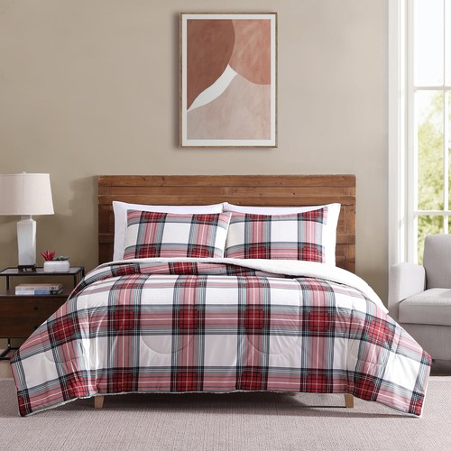 3-Piece Adult Flannel/Sherpa Comforter Set Red Tartain Plaid Full/Queen Size