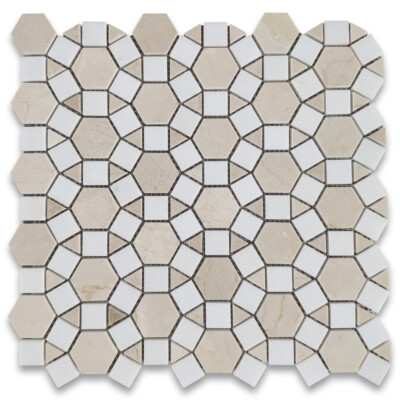 M395XP Crema Marfil Thassos White Marble Hexagon Sunflower Ring Waterjet Tile