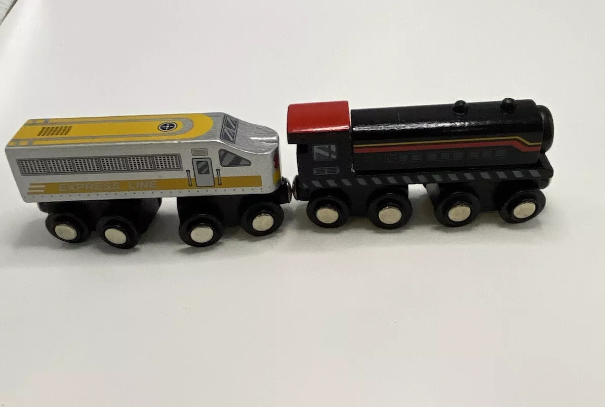 2014 MAISON JOSEPH BATTAT LTD WOODEN TRAIN. TWO TRAIN CARS MAGNET CONNECTOR