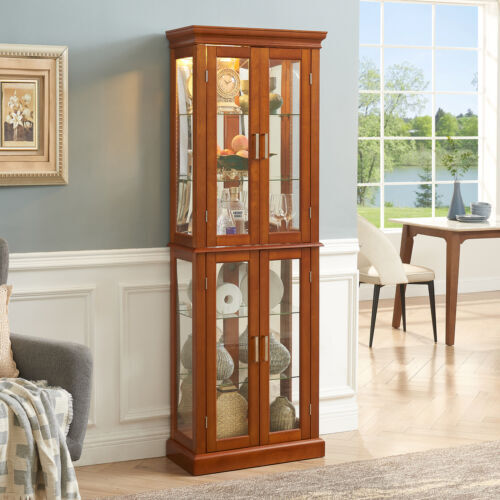 Lighted Wooden Curio Display Cabinet w/Glass Doors and Adjustable Glass Shelves - Picture 26 of 28