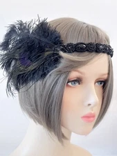 Women Retro Black Peacock Feather Gatsby Flapper Party Hair headband fascinator