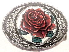 Western Enameled Cowgirl Biker Rose design silver tone belt buckle rope boarder