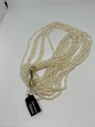 Collana Vintage Orecchini Multi 5 Fili VETRO Bianco Perline Nuova Con Etichetta Traforata Lunghezza 28” - Foto 7 di 10