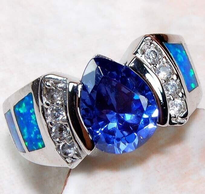 2CT Treated Sapphire & Australian Opal Inlay 925 Sterling Silver Ring Sz 7 AB5