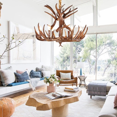 Rustic Deer Horn Chandelier Lodge Retro Resin Antler Pendant Light Ceiling Lamp - Picture 3 of 9