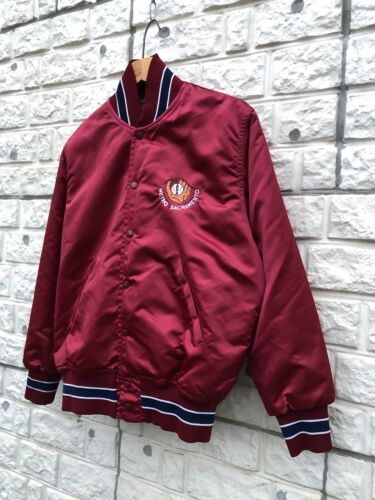 Vintage 80s Size 42 Metro Sacramento Baseball Bomber Jacket Satin Red - Picture 2 of 6