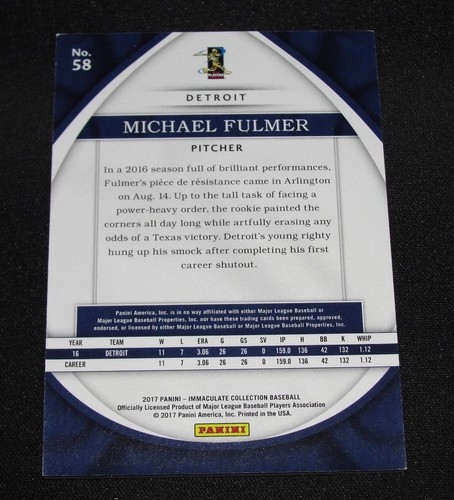 2017 Immaculate MICHAEL FULMER #58 Blue Foil Variant/10 Detroit TIGERS pitcher - Picture 2 of 2