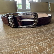 Talbots Croc Embossed Brown Leather Belt Womens Sz L USA Silver Buckle