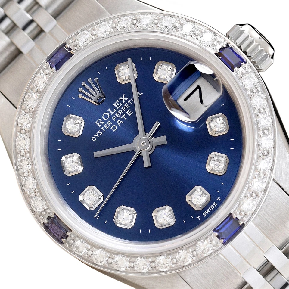 LADIES ROLEX DATE DIAMOND SAPPHIRE 18K WHITE GOLD & STEEL BLUE DIAL WATCH
