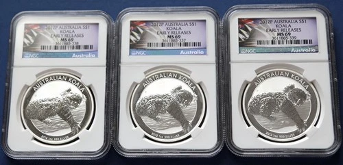 Lot of 3 2012 P Australia KOALA 1 oz. Silver NGC MS69 ER, Consecutive Cert #'s