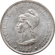 Brazil 500 reis 1889, UNC,  First Republic (1889 - 1942)  silver coin