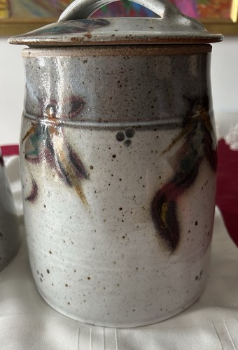 VTG Speckled Handmade Pottery Lidded Canister Set, Signed VM Stoneware Glaze - Picture 4 of 13