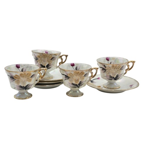 Set Of 4 Coralene Beaded Nippon Antique Luster Teacup And Saucer Orphan Cup