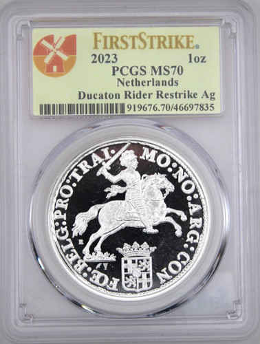 2023 Netherlands Ducaton Rider Restrike Ag 1oz Silver PCGS MS70 First Strike
