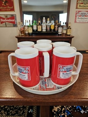 Vintage Thermo Serv Budweiser Set of 6 and Serving Tray Made In USA