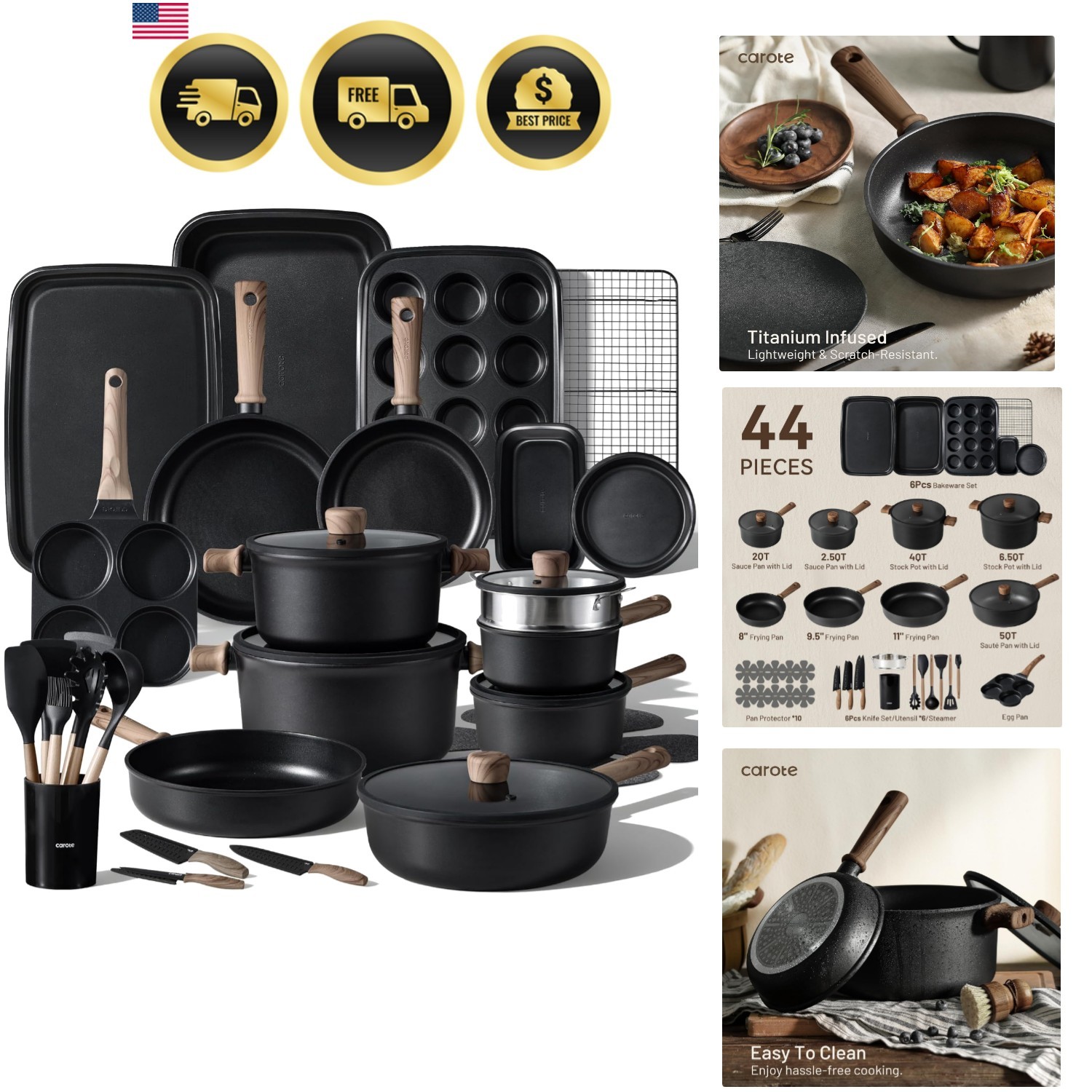 44pcs Nonstick Kitchen Titanium Cookware Sets, Nonstick Pots and Pans, Induct...