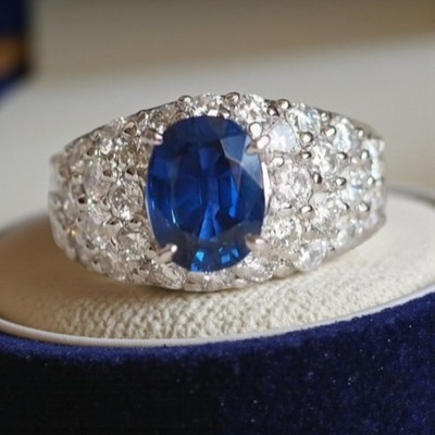 3.13 Ct Oval Natural Blue Sapphire Diamond Statement Unique Ring 14K white gold