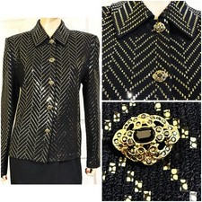 Excellent St John Santana Knit Black w Gold Paillettes Eve Jacket sz 12 WOW