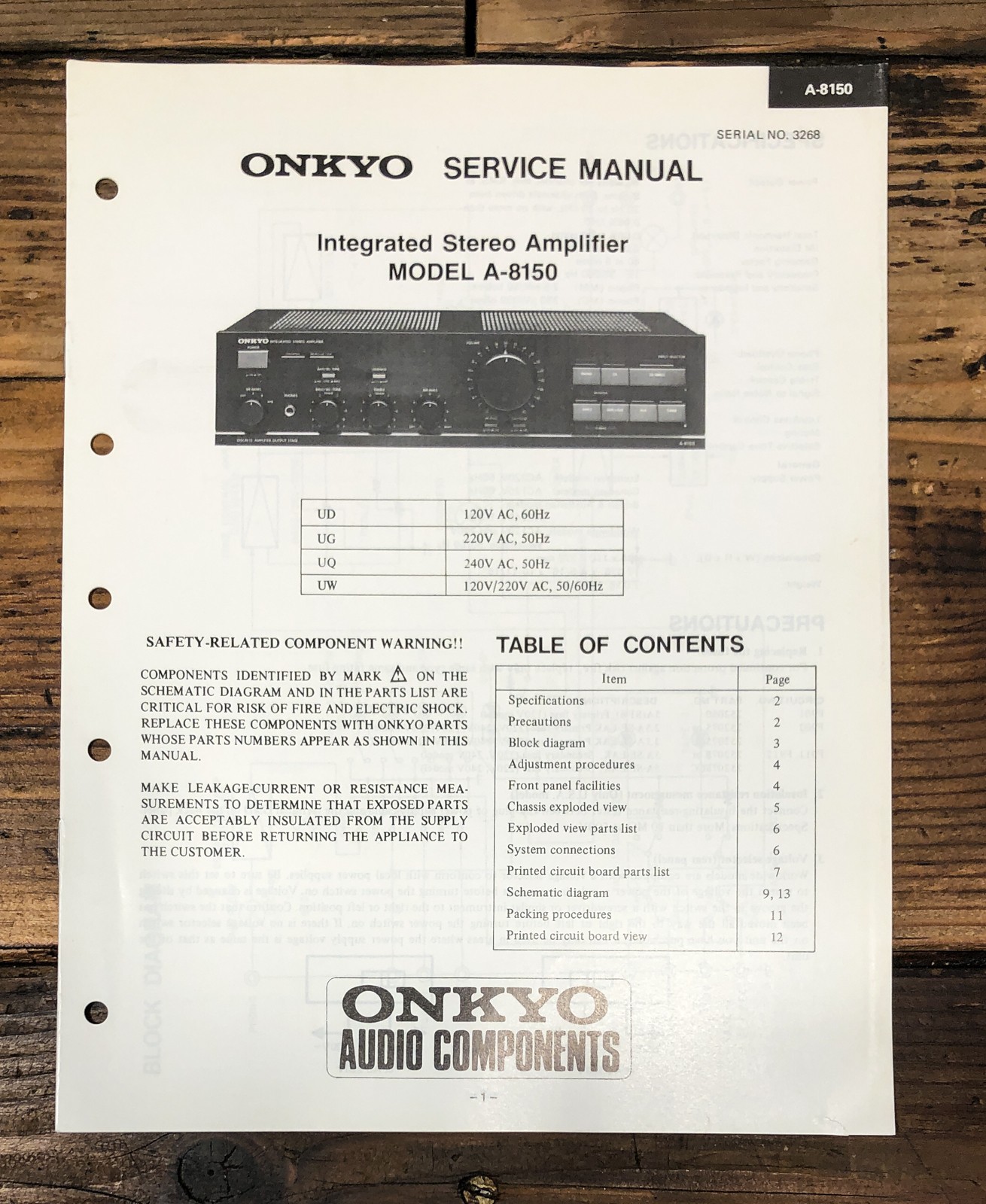 Onkyo A-8150 Amplifier Service Manual *Original*