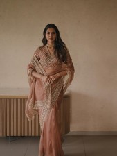 Indian Tibby Silk Saree Thread Sequins Embroidery Wedding Party Wear Sari