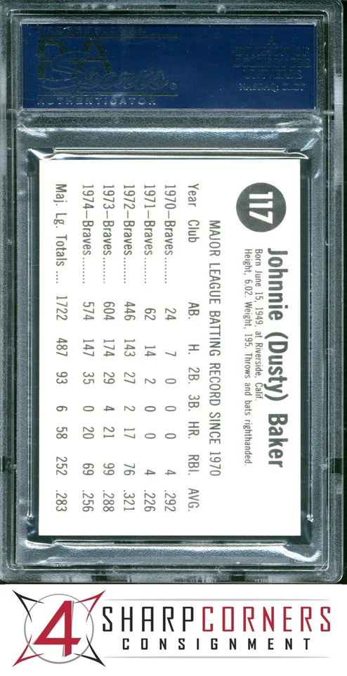 1975 HOSTESS HAND CUT #117 DUSTY BAKER BRAVES POP 2 PSA 10 - Image 2 of 2