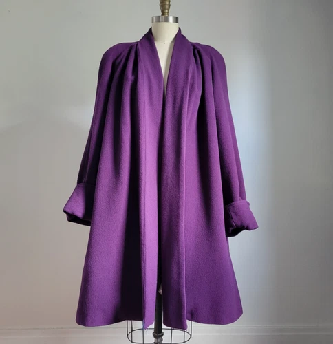 VTG PURPLE WOOL BLEND SWING COAT with DEEP CUFF SLEEVES & SHAWL FRONT OPENING