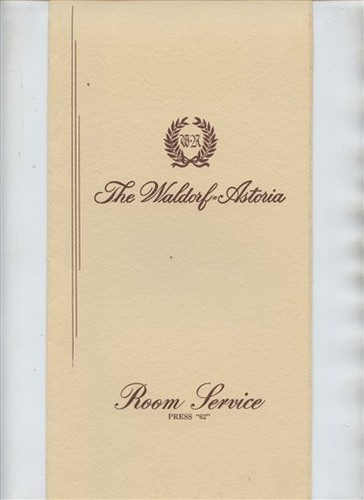 Waldorf Astoria Hotel Room Service Menu New York City 1979 Hilton