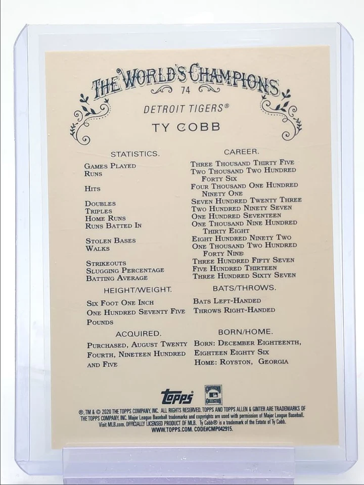 TY COBB 2020 TOPPS CHROME ALLEN & GINTER REFRACTOR TIGERS Q3329 - Image 2 of 2